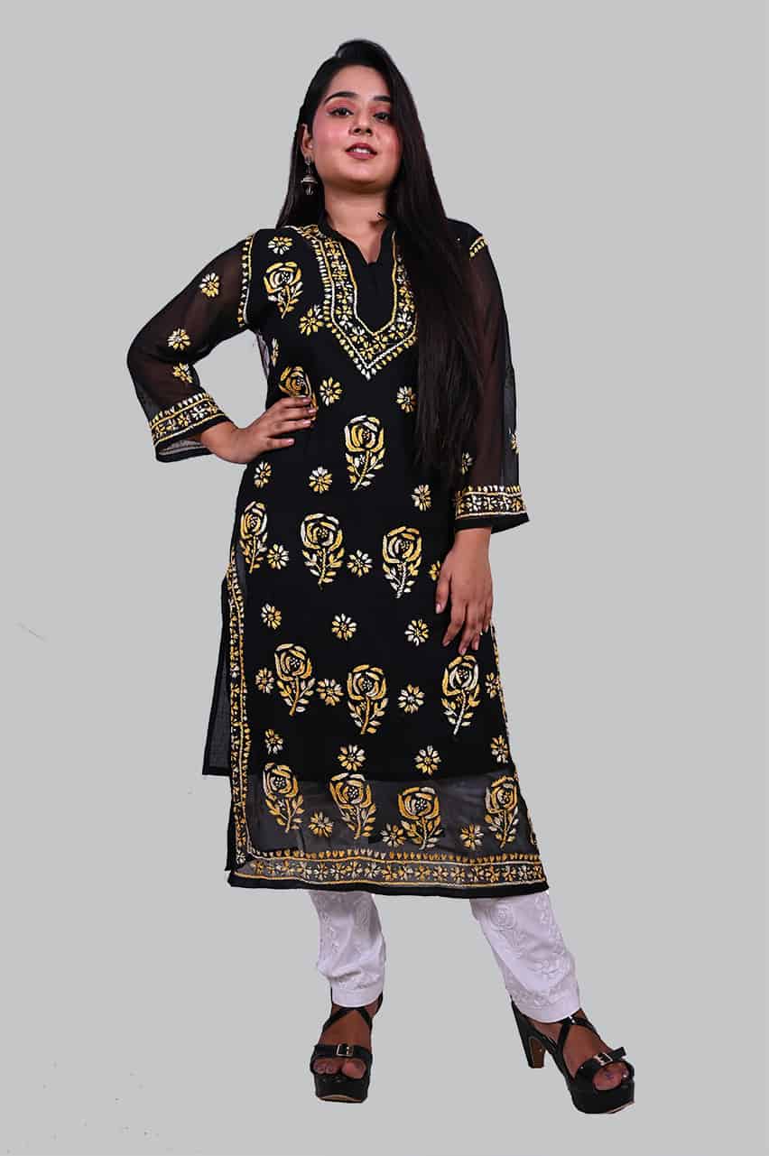 Nishwa Black Georgette Chikankari kurti with rose design