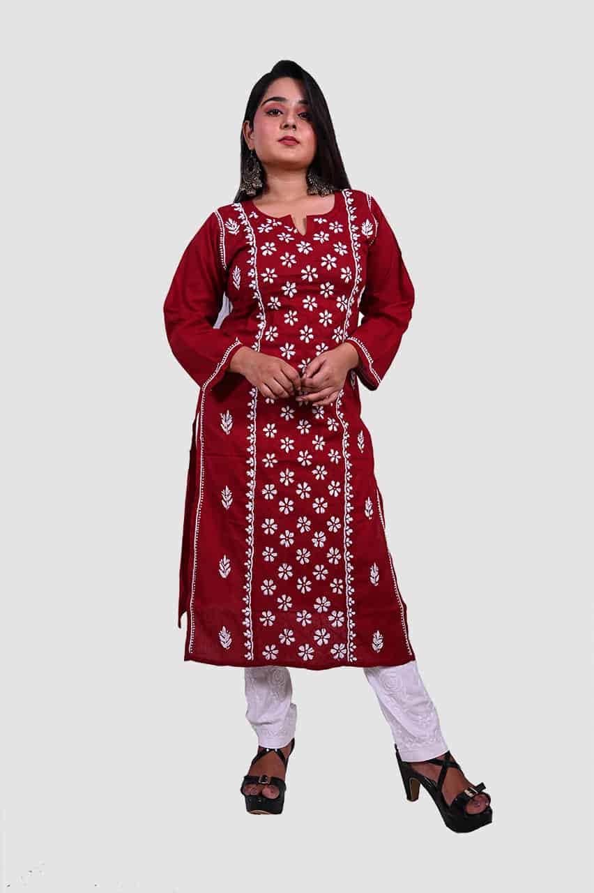Maroon Cotton Chikankari kurti