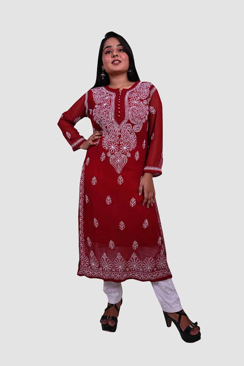 maroon Georgette chikankari kurti